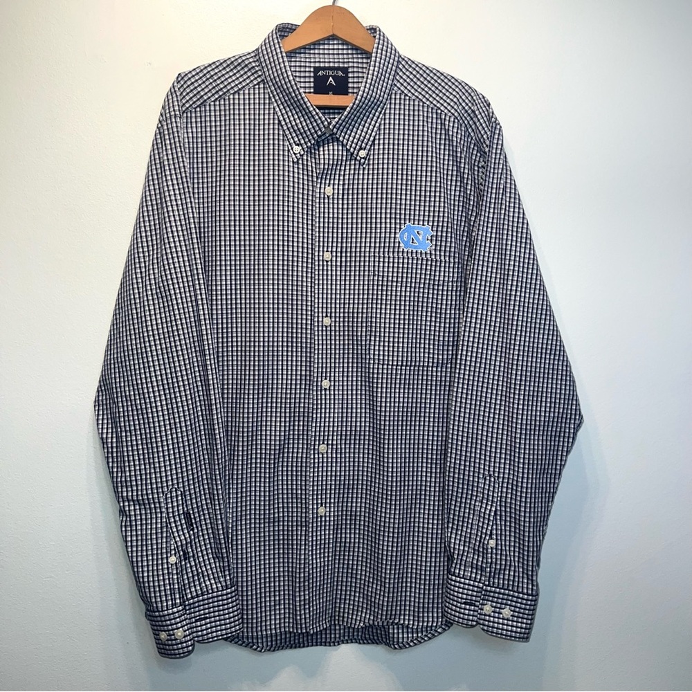 Antigua North Carolina Tar Heels Mens Button up Shirt Adult Sz L Blue Check